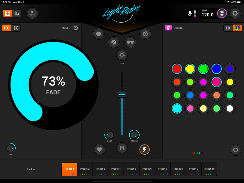 El panel principal de la aplicación Light Rider para iPad que muestra una cuadrícula de selección de color de rueda de fundido y un banco de preajustes para control de iluminación profesional.