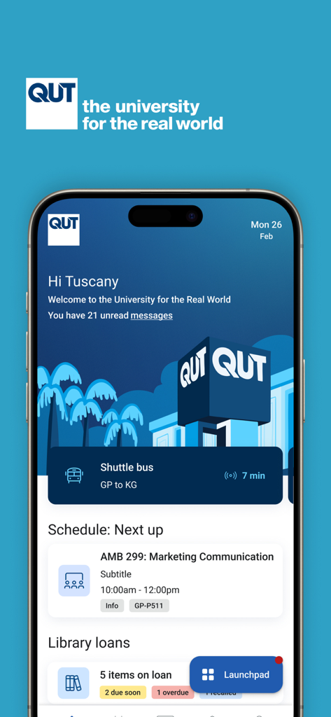 Smartphone displaying the QUT mobile app home screen with a class schedule shuttle bus arrival times and library loan status.