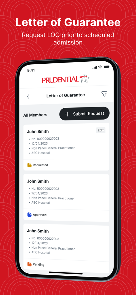Interface do aplicativo PRU E-Benefits mostrando o histórico e o status da solicitação de carta de garantia