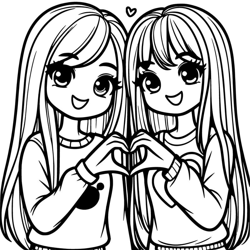 two bff girls making a heart with their hands smiling with both long straight hair one wearing a sweatshirt other wearing a t-shirt with a drawing of a heart