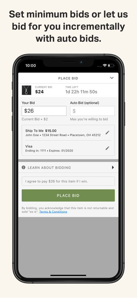 EBTH app interface for placing manual and auto bids on auction items