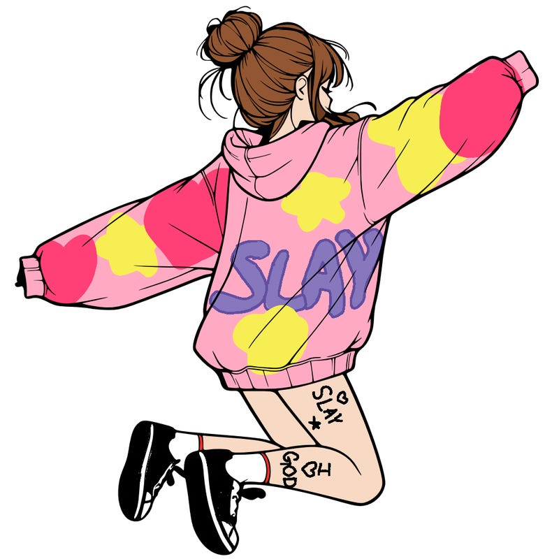 realistic girl jumping with a bun and oversized sweatshirt