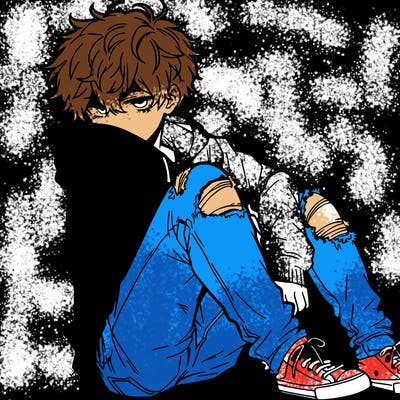 a male hoddie ripped jeans messy hair anime