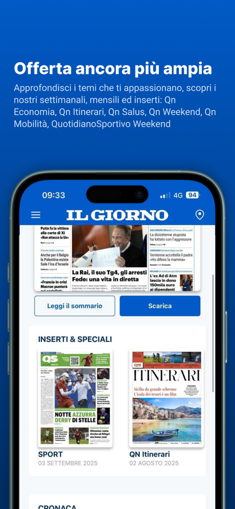 IL GIORNO - Die Benutzeroberfläche der IL GIORNO App zeigt lokale Nachrichtenartikel und spezielle Supplement-Kategorien wie Sport und Itinerari.