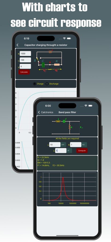 Electrocalc - electronics App - Electrocalc app interface showing electronic circuit diagrams and frequency response charts for capacitor charging and band pass filters