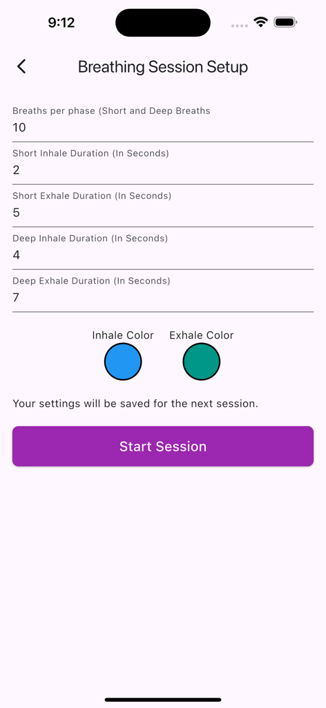 Una pantalla en la aplicación Drenaje Autógeno que muestra la configuración personalizable de las duraciones y fases de las sesiones de respiración.