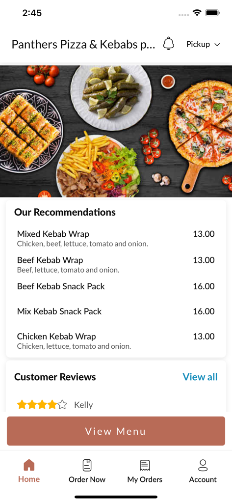 Panthers Pizza & Kebabs - Panthers Pizza and Kebabs mobile app home screen showing food recommendations and customer reviews