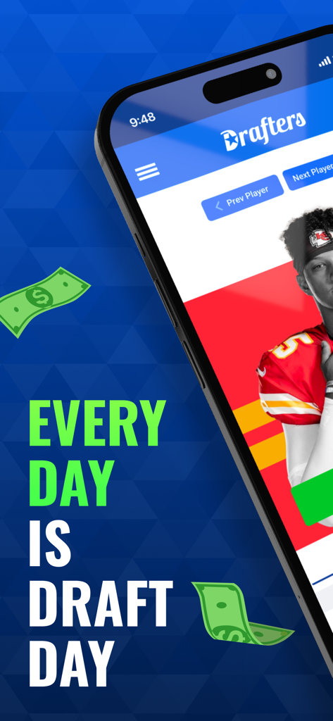 Drafters App Oberfläche, die einen NFL-Spieler mit dem Slogan Every Day Is Draft Day anzeigt