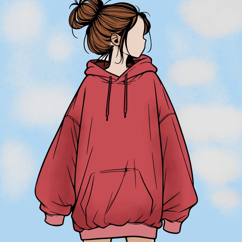 realistic girl with a oversized sweatshirt on and a bun