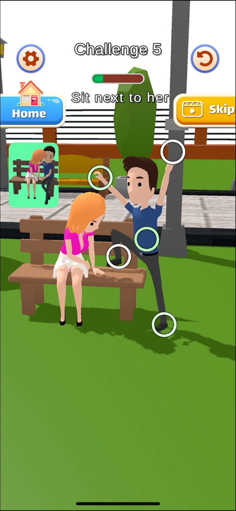 Move It: Pose Challenge - Uno screenshot di gioco di Move It: Pose Challenge che mostra un livello di fisica ragdoll in cui un personaggio maschile deve essere spostato per sedersi accanto a una ragazza su una panchina.