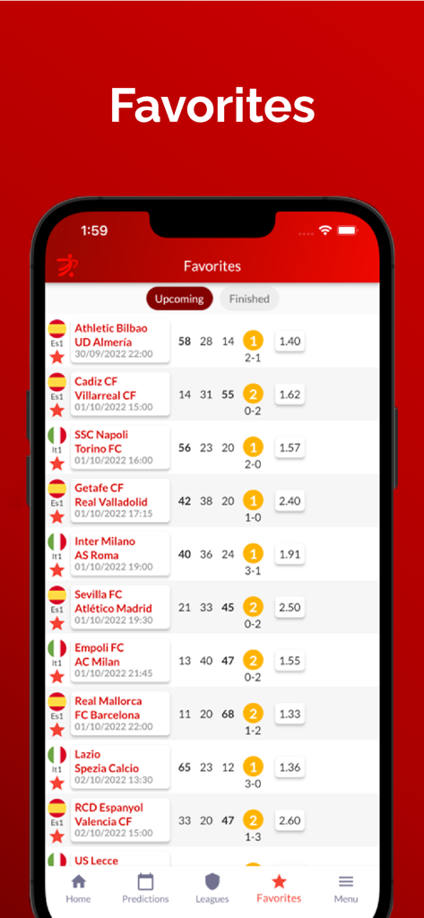 Forebet Football Predictions - Forebet app screenshot showing a list of favorite upcoming soccer matches with statistical predictions and probabilities