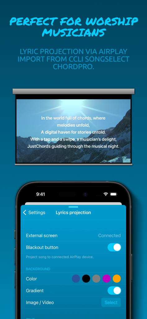 JustChords - JustChords mobile app showing lyric projection settings and an external screen display for worship musicians