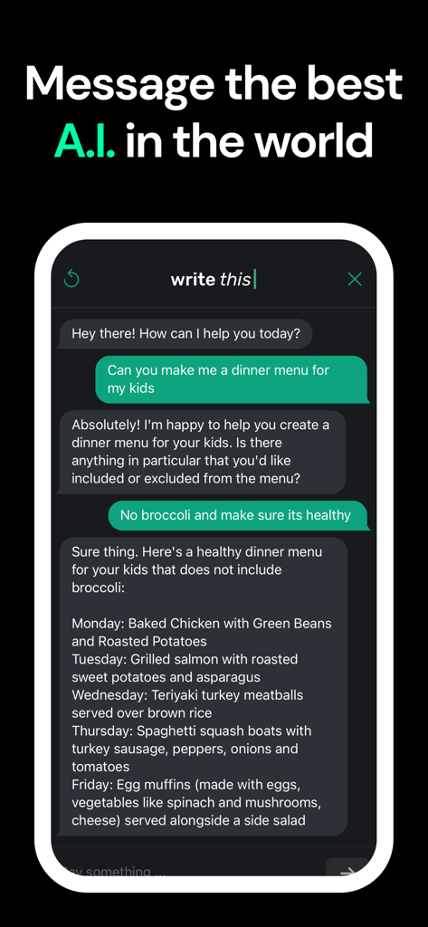 Write This - AI Text Generator - Interfaz de chat de la aplicación Write This IA generando un plan de menú de cena saludable para niños