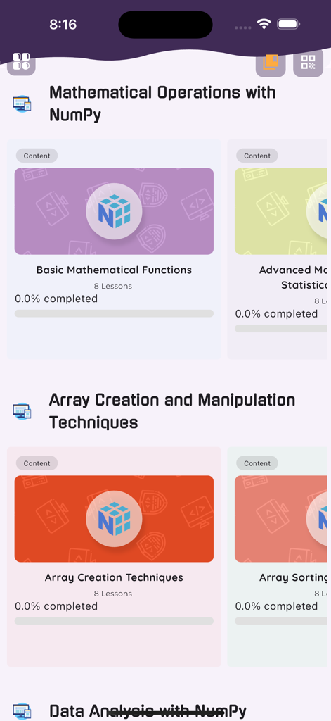 Learn NumPy - El panel de la aplicación Learn NumPy que muestra módulos de lecciones para operaciones matemáticas y técnicas de creación de arrays.