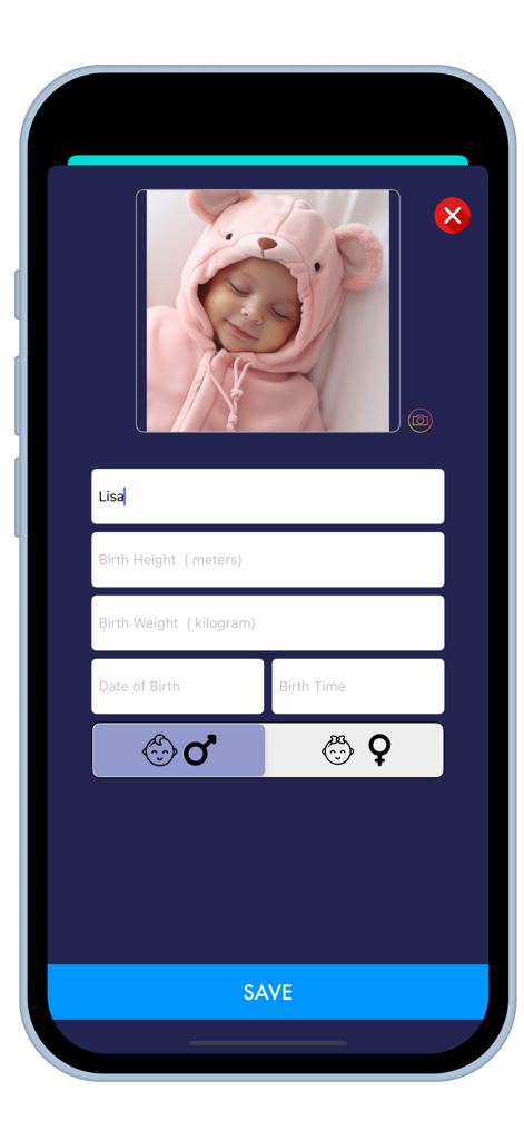 Colic: Sleep Sounds & Musics - Interface for adding baby details like name, weight, and birth date in the Colic app