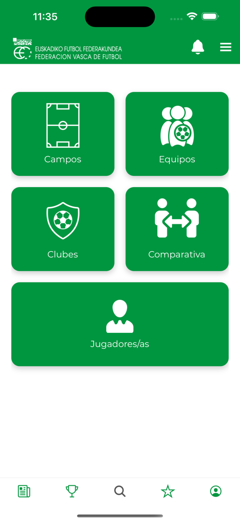 EFF-FVF - Menú principal de la aplicación EFF-FVF con mosaicos de navegación para campos, equipos, clubes, comparaciones y jugadores.