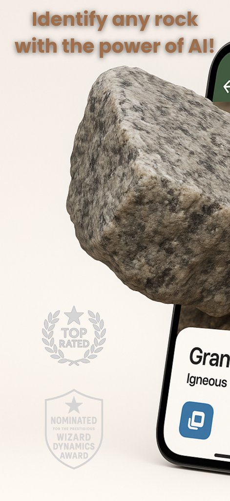 Rock Identifier: AI Scan - Interfaz de la aplicación móvil Rock Identifier AI Scan identificando una roca ígnea de granito con tecnología IA