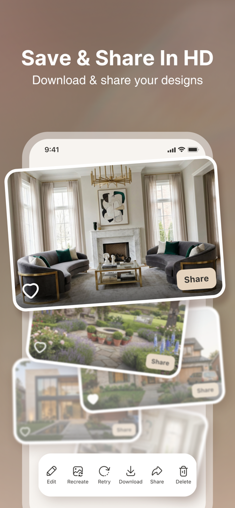 HomeGPT：AI Interior Design - Interface of the HomeGPT app highlighting the ability to save and share high-definition AI-generated interior and exterior designs.