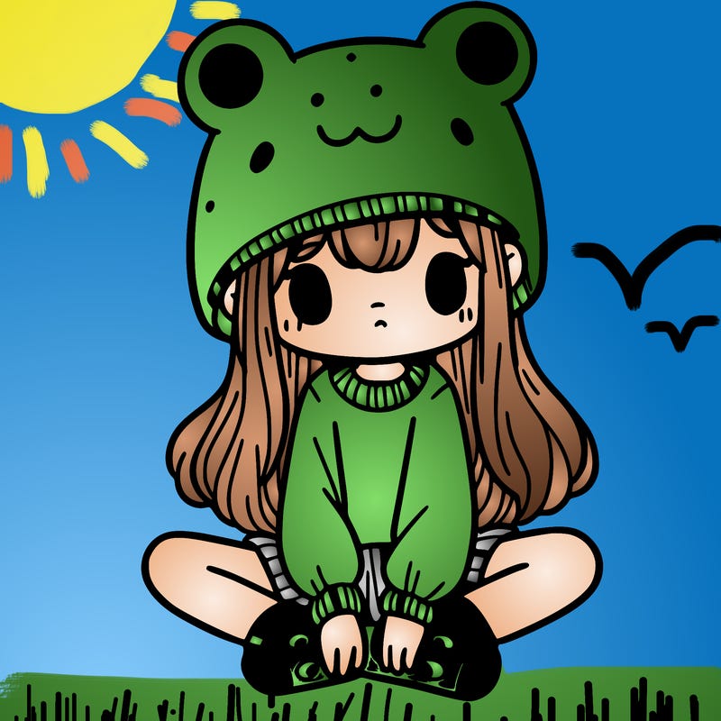 a girl wearing a frog hat and some frog socks