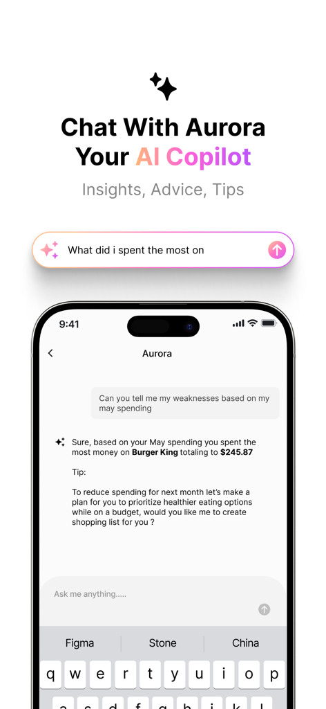 WalletWize: Track Money Better - WalletWize 앱에서 금융 통찰력과 지출 조언을 제공하는 Aurora AI 도우미 인터페이스.
