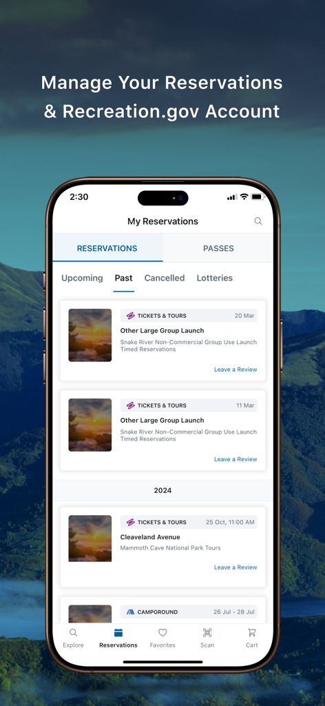 Un écran de smartphone affichant l'onglet des réservations passées dans l'application Recreation.gov