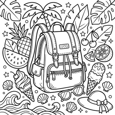 Pack your creativity for a sunny escape with this delightful backpack purse coloring page. It's brimming with all the best summer vacation elements, from tropical fruits to sweet treats and beach essentials.