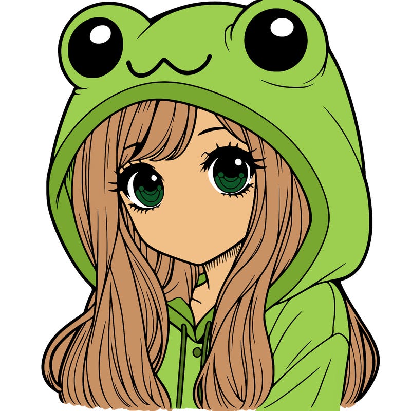 a pretty girl wearing a frog hoodie portrait with long hair