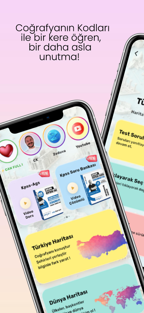 Écran de smartphone affichant le menu principal de l'application d'apprentissage de la géographie avec des modules de quiz sur les cartes de Turquie et du monde.