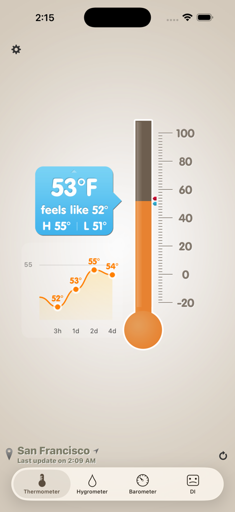 Thermo-hygrometer - Thermo-hygrometer app interface showing a vertical thermometer and temperature trend graph.