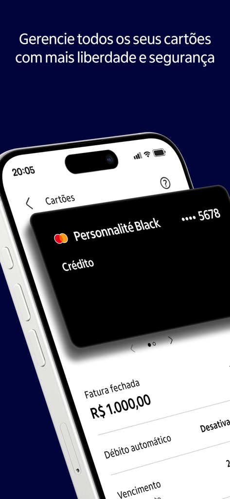 Interfaz de la aplicación Itaú Personnalité mostrando una tarjeta de crédito premium negra