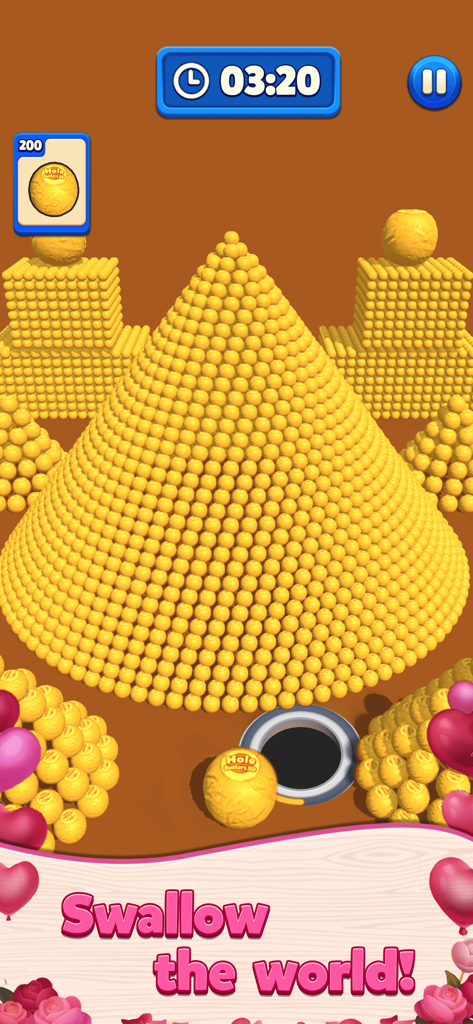 Hole Busters 3D - A black hole swallowing a large pyramid of golden spheres in Hole Busters 3D