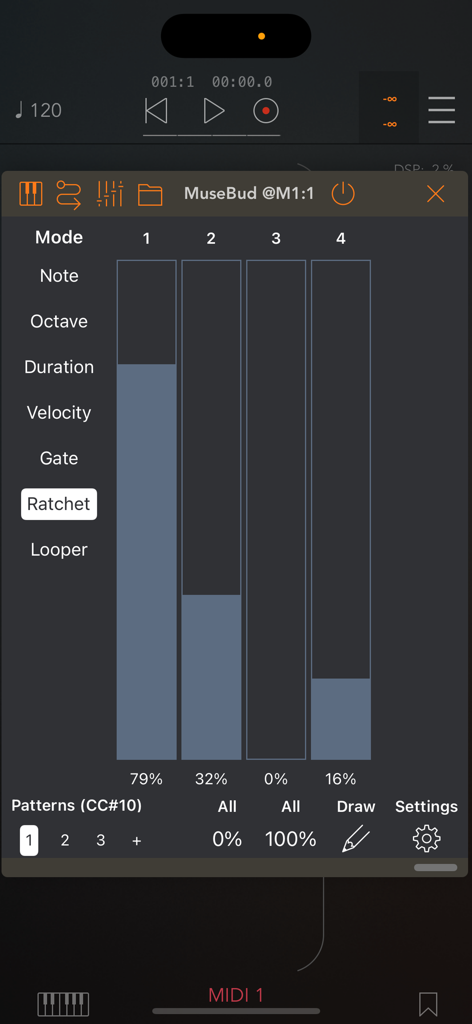 MuseBud - AUv3 MIDI Generator - MuseBud app interface showing probability faders for MIDI ratchet repeats in a mobile music production environment.