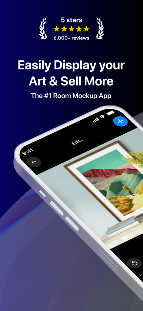 ArtStage: Preview your Artwork - ArtStage app interface displaying a framed painting in a 3D virtual room mockup with a five star rating