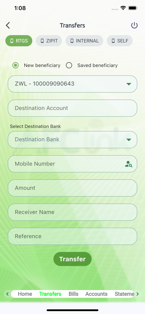 Tela de transferências do aplicativo de mobile banking AFC Link para transações RTGS e ZIPIT.