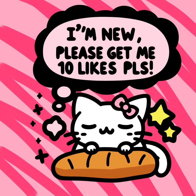 kitty taking a nap dream talking and saying "i'm new, please get me at least 10 likes pls!!"