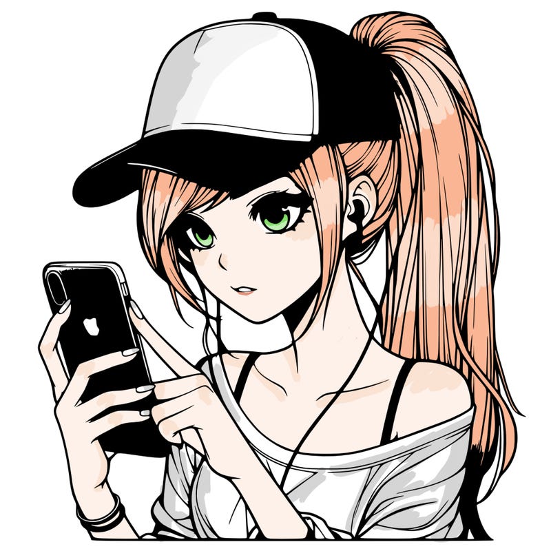 realistic girl with a long ponytail and trucker hat holding an iphone