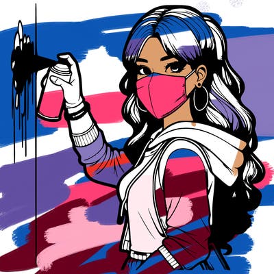 realistic girl with mask spray painting a wall