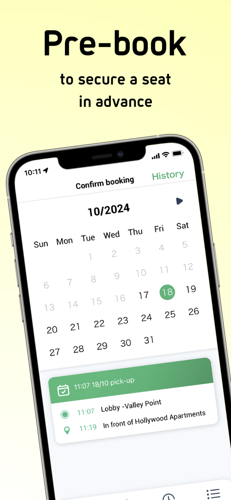 A screenshot of the mobi app showing the calendar interface to pre-book a community transit ride.