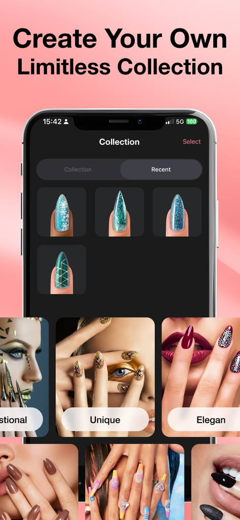 AI Nail Generator Nail Design - AI-generated nail art collection interface with categories like unique and elegant