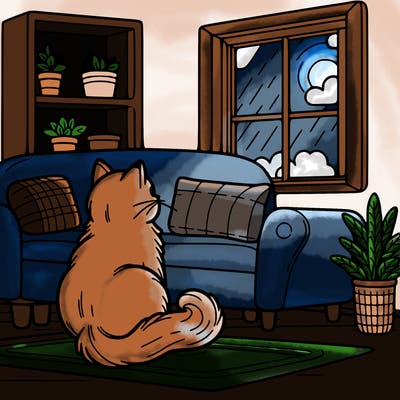 a cat sitting on a couch looking out the window