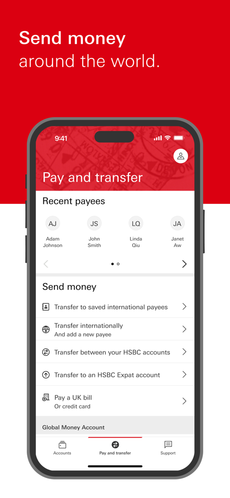 HSBC Expat - HSBC Expat app interface for sending money around the world showing international transfer options and recent payees