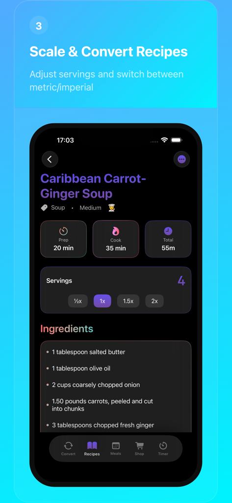 Interfaz de la aplicación Kitchen Converter que muestra el escalado y la conversión de recetas para una receta de sopa.