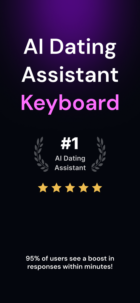 Flirtonic: AI Dating Assistant - Flirtonic AI Dating Assistant Keyboard with five star rating and success statistics