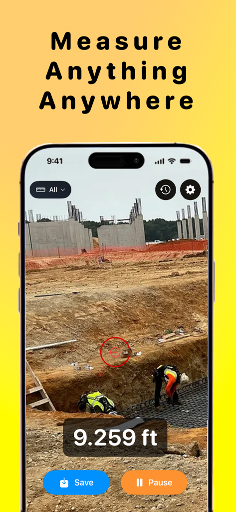 Distance Laser - Pantalla de iPhone que muestra la aplicación Distance Laser midiendo una distancia de 9.259 pies en un sitio de construcción utilizando tecnología LiDAR
