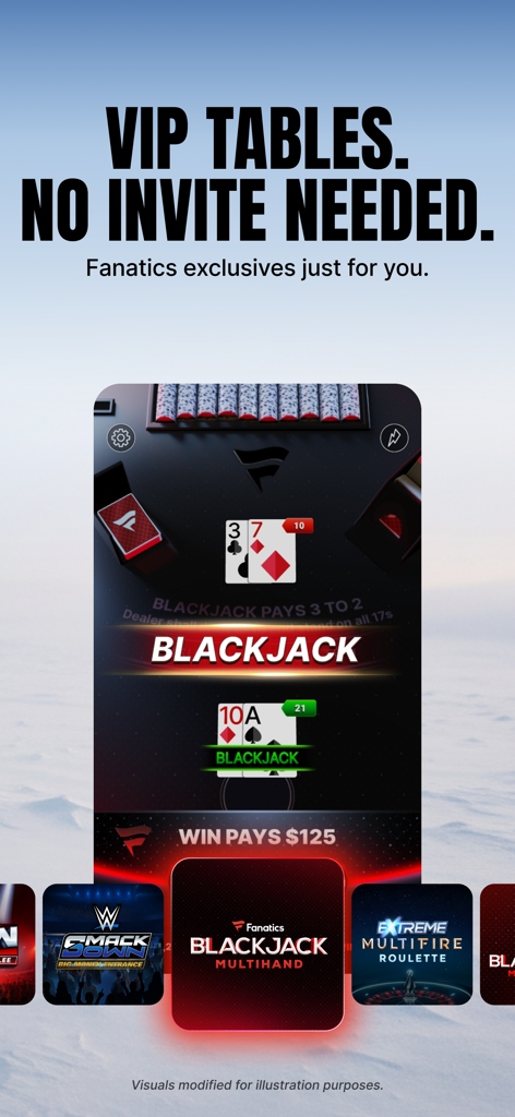 Fanatics Casino - Real Money - Mobile screen showing Fanatics Casino VIP blackjack table and exclusive multihand card game interface