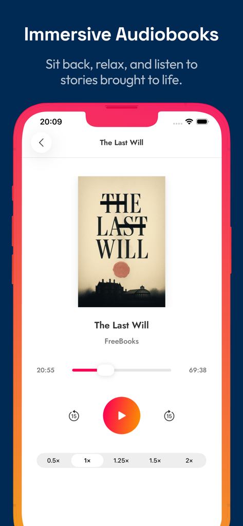 Audiobook player interface for the book The Last Will in the FreeBooks app