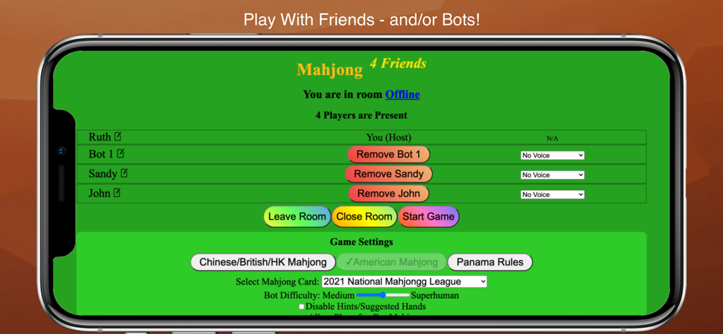 Mobile screen showing multiplayer lobby and game settings for Mahjong 4 Friends