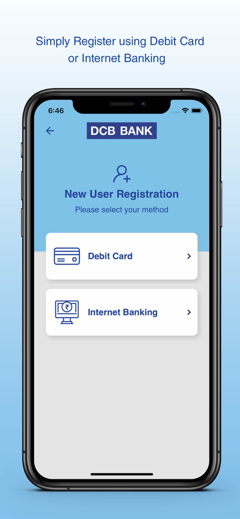 DCB Bank Mobile Banking - DCB Bank mobile banking registration screen showing options for new users to register via debit card or internet banking