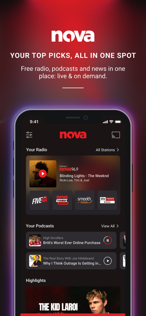 Nova Player: Radio & Podcasts - Nova Player mobile App-Oberfläche, die Live-Radiosender und Podcast-Optionen anzeigt