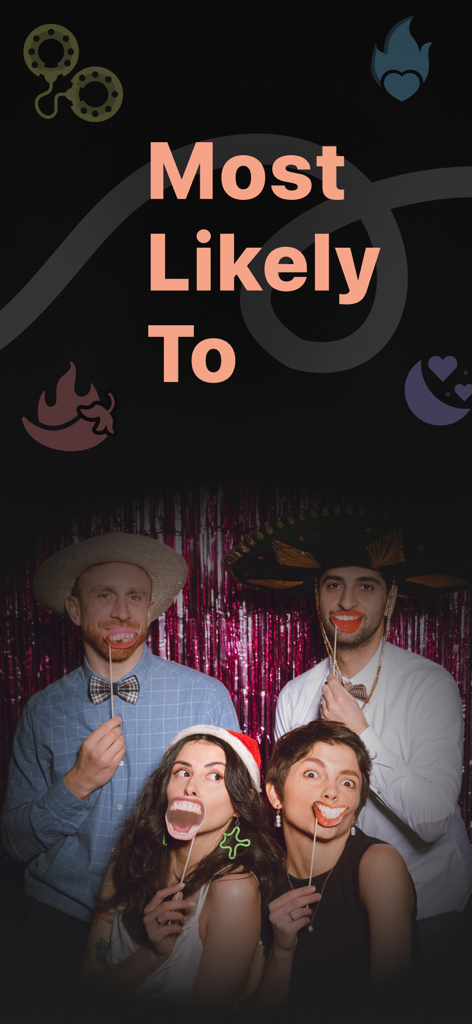 Group of four young friends celebrating at a party with funny mouth props and game title text